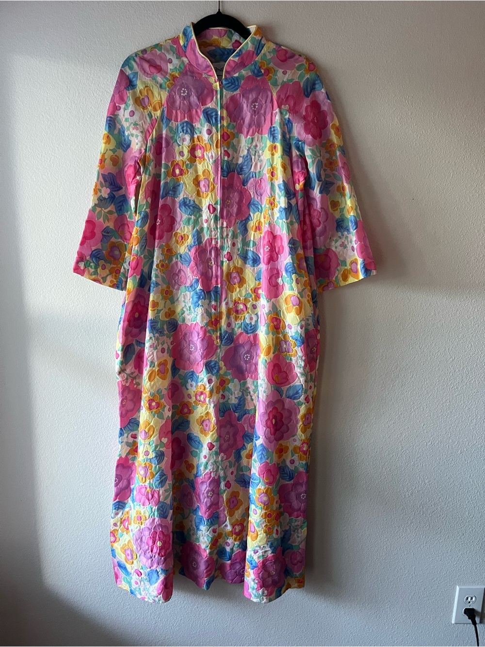 Vintage 60s 70s Stella Fagin Mod Floral Puckered Zip Front House Dress Size XS